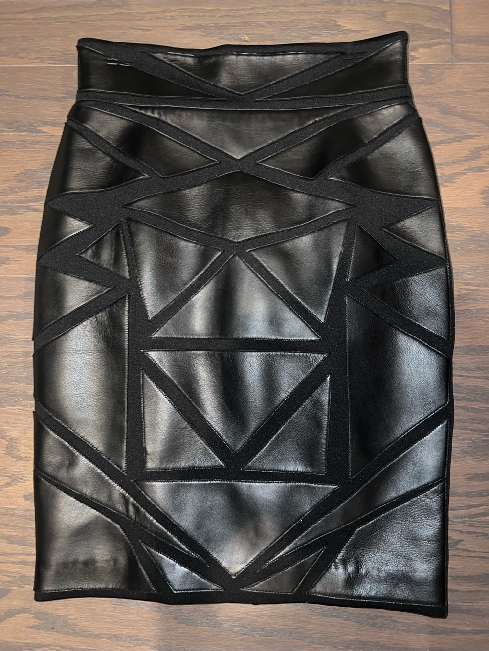 Black Geometric Leather Pencil Skirt